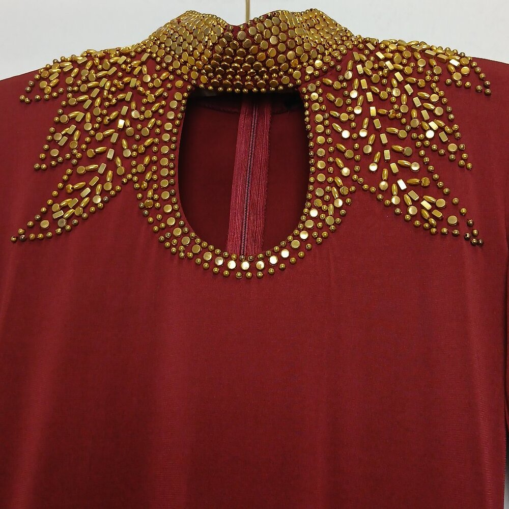 Elegant Burgundy Gold Studded High Neck Bodycon Midi Dress Sz M - Picture 14 of 14